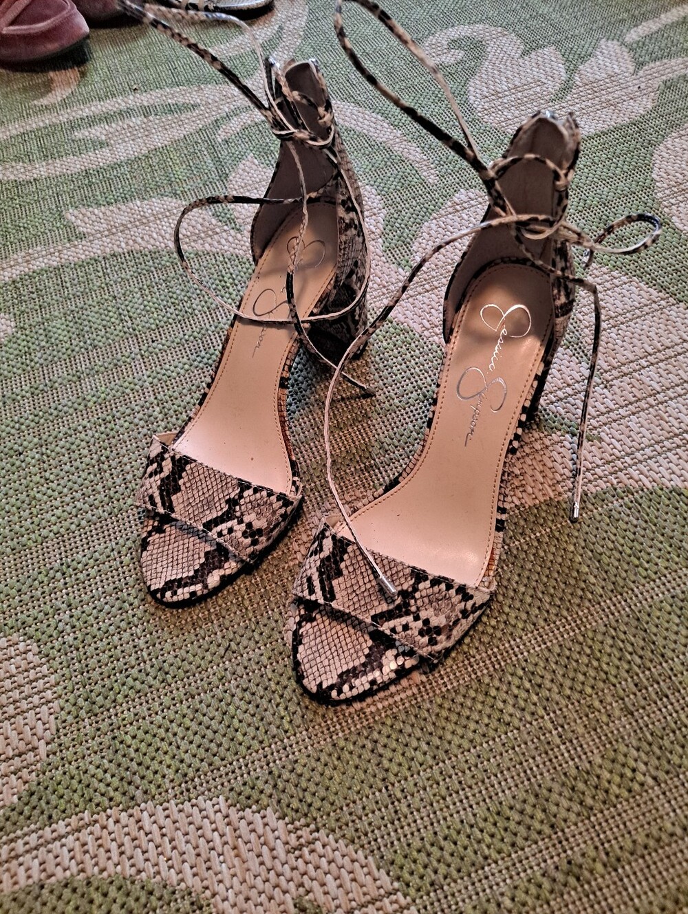 Jessica Simpson Black and White Snake Print Lace-Up Heels